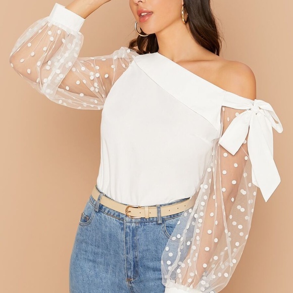 Tops - one shoulder bow polka dot sheer sleeve top White